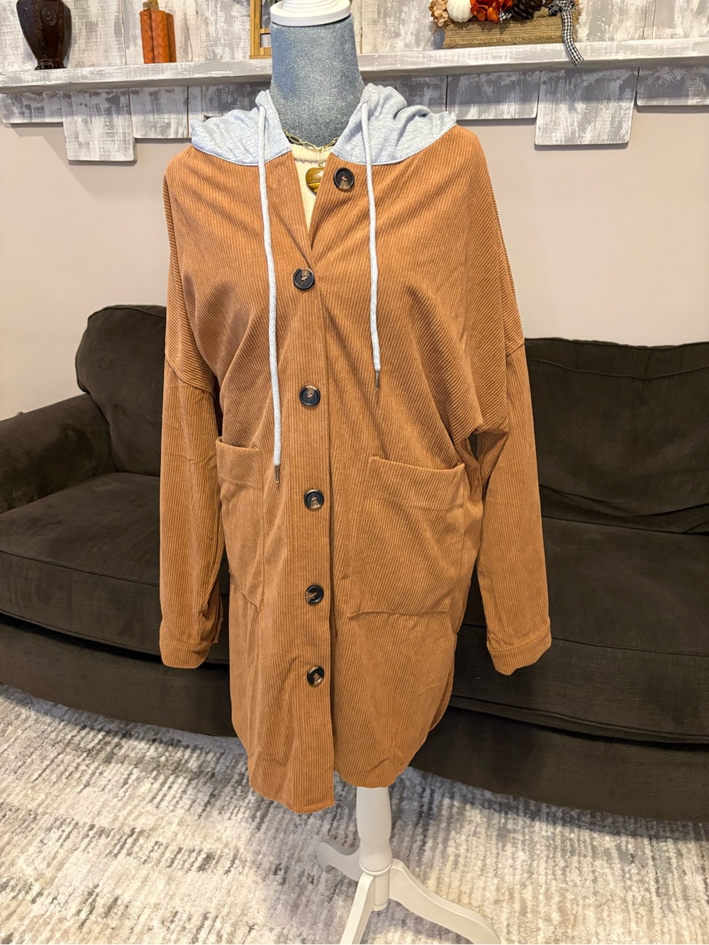 HYFVE Brown Corduroy Hooded Button-Front Utility Jacket with Gray Hood